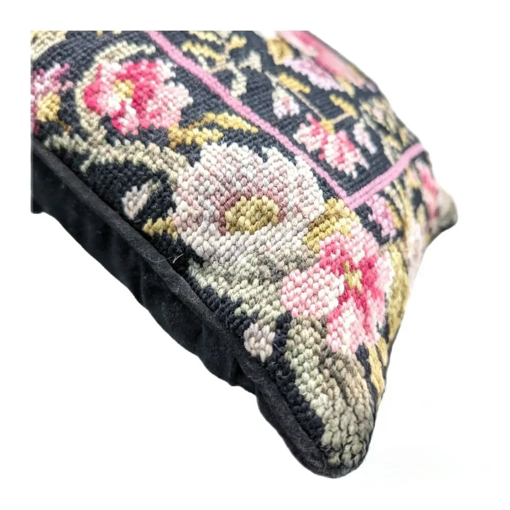Needlepoint Black Floral Pillow Whimsigoth Katha Diddel 100% Wool Velvet 13x13